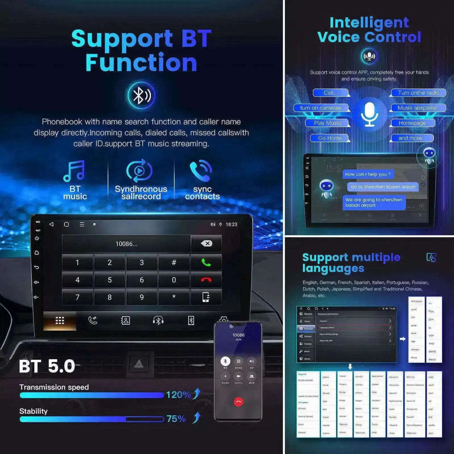 T100 Car Multimedia stereos blue Screen 2k 4+64G Autoradio 15.0 android audio 10 inch 9 inch touch screen Car Stereo 2Din car radio player GPS navigation