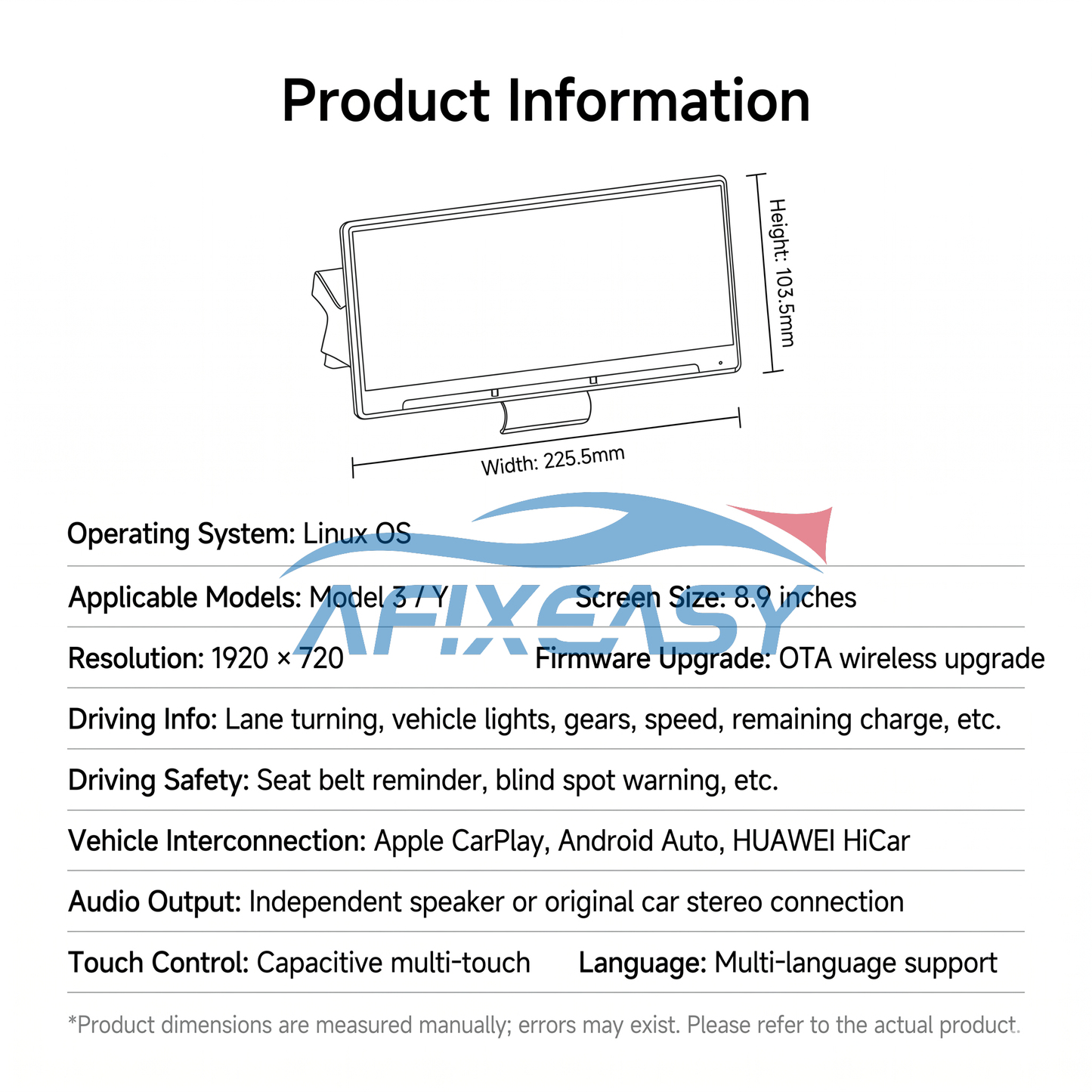 AFIXEASY Model Y/ Y Juniper & Model 3/3 Highland 8.9-Inch Heads Up Display Smart Dashboard Touch Screen Instrument Cluster Display
