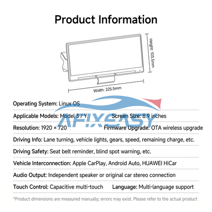 AFIXEASY Model Y/ Y Juniper & Model 3/3 Highland 8.9-Inch Heads Up Display Smart Dashboard Touch Screen Instrument Cluster Display