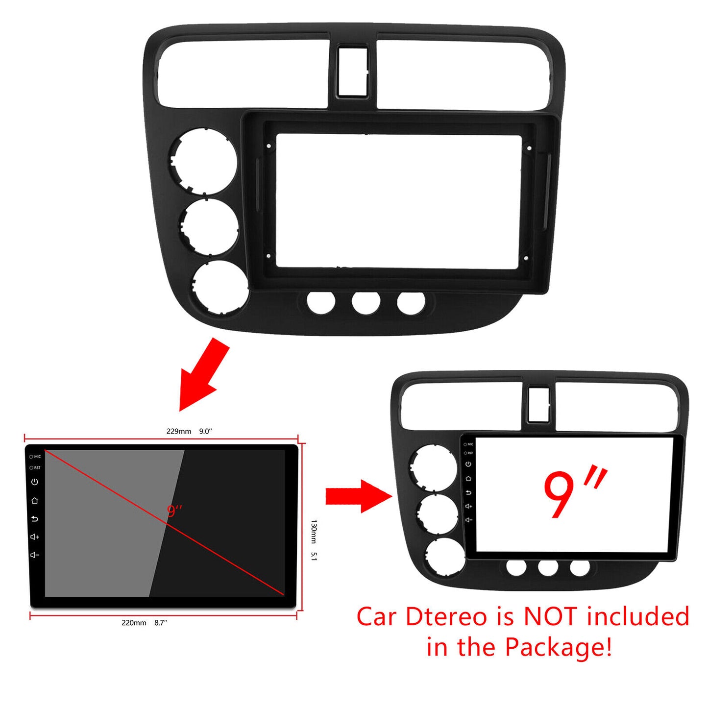 9'' Car Radio Stereo Frame Fascia Panel Trim for Honda Civic 2001 2002 2003 2004 2005 tool kit Android Screen TS18 XY-216
